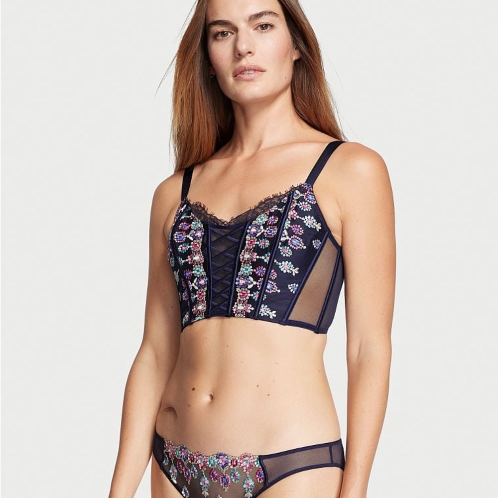 NWT Victoria’s Secret Unlined Lace-Up Corset Top Noir Navy Bejeweled - Picture 3 of 8